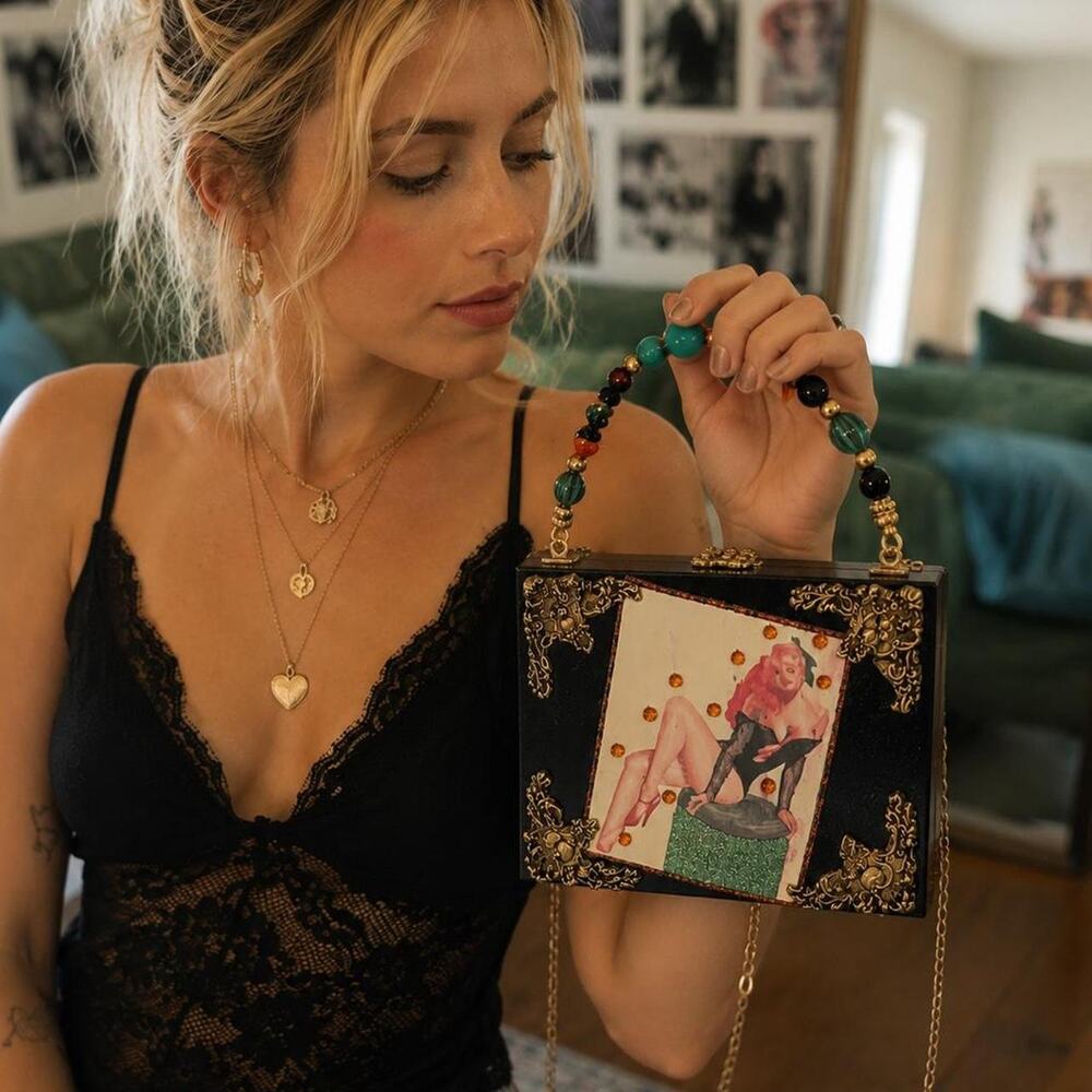 Pin Up Girl Box Purse Beaded Handle Chain Rockabilly Burlesque Vintage Style